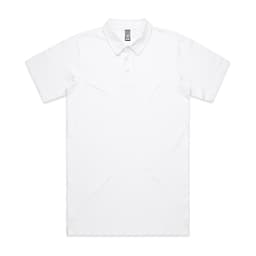A white polo shirt featuring a collar and a front placket, with a logo on the chest area.