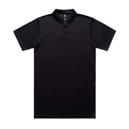 A black polo shirt featuring a collar and buttons, with a logo on the front. Suitable for workwear.