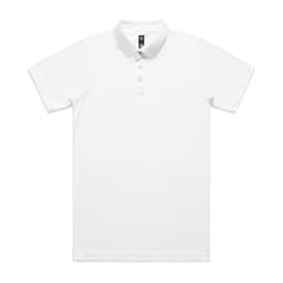 A white polo shirt with a collar and buttons, featuring a logo on the chest. Suitable for workwear.