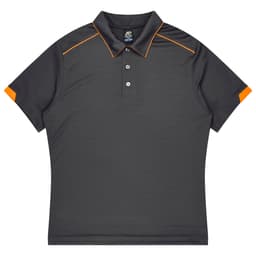 A short-sleeved polo shirt in dark grey with orange accents and a collar, featuring a logo on the chest.