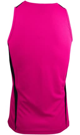 A pink men's singlet featuring black side panels and a logo on the fabric. Suitable for sports or casual wear.