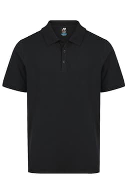 A black polo shirt with a collared neckline and three-button placket, featuring a logo on the chest.