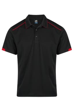 A black polo shirt with red detailing and a logo on the chest. Short sleeves and a classic collar design.