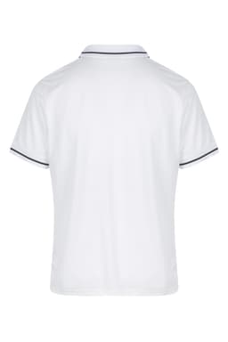 A white men's polo shirt featuring contrasting trim, designed with a classic collar and short sleeves.