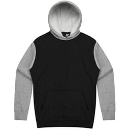 A black and grey hoodie featuring a front pocket and a double-layered hood with an internal light grey lining.