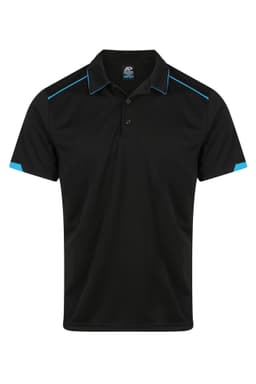 A black polo shirt with blue accents and a logo on the chest area.