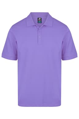 A short-sleeved polo shirt in a light purple shade, featuring a collar and a logo.