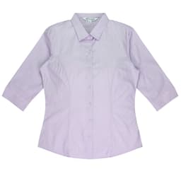 A light purple button-up shirt with 3/4 sleeves and a fitted design, featuring a logo.