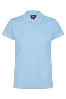 A light blue women's polo shirt with a classic collar and a fitted design. The shirt features a logo.