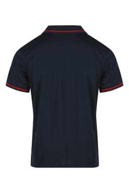 A navy polo shirt with red accents, featuring a collar and short sleeves. The shirt has a logo on it.