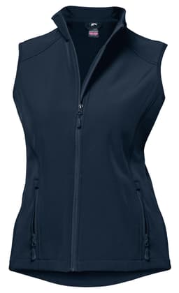 A navy blue vest with a zip closure and two front pockets, featuring a logo on the upper inside.