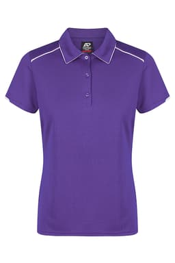 A purple polo shirt with a collar, button placket, and contrast detailing on the sleeves, featuring a logo.