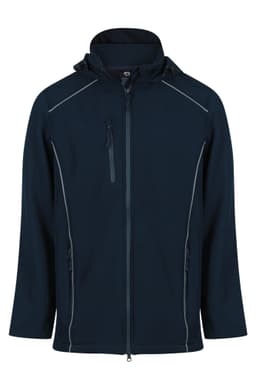 A navy soft shell jacket featuring a zippered front and two side pockets, with an attached hood and branding.