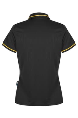 A black polo shirt with yellow trim, featuring a collar and short sleeves. Includes a branding logo.