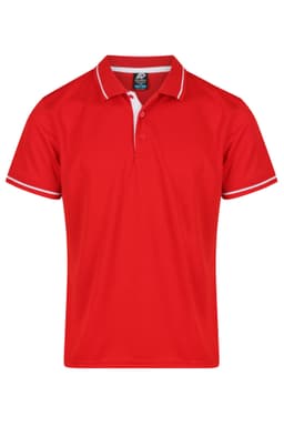 A red polo shirt with white trim, featuring a collar and three buttons, plus a logo on the chest.