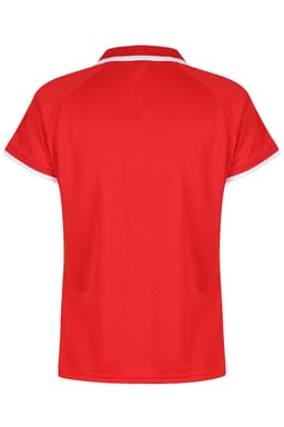 A red polo shirt featuring short sleeves and a contrasting collar, with a logo present.