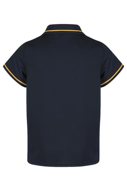 A navy polo shirt for kids with contrasting gold trim and a logo on the back.