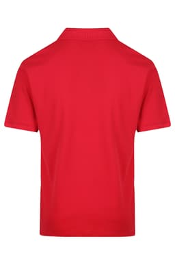 A red polo shirt featuring a collar and short sleeves, with a logo on the back.