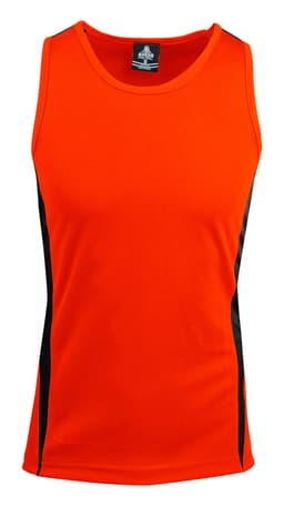 An orange singlet with black side panels, featuring a logo on the neckline.