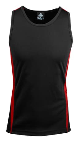 A black singlet with red side panels and a logo at the neckline. Ideal for casual wear or sports.