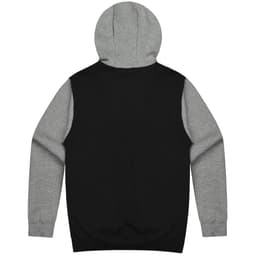 A hoodie featuring a grey hood and sleeves with a black body, complete with a logo on the back.