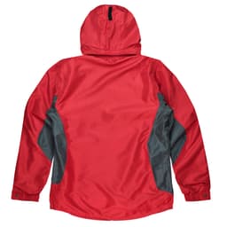 A red jacket with grey side panels and a hood. Features logo branding.