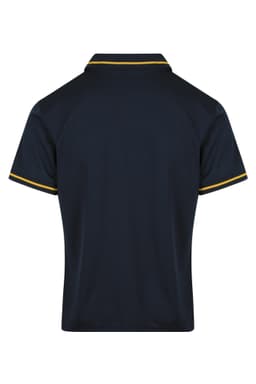 A navy blue polo shirt featuring contrasting yellow stripes on the collar and sleeves, with a logo present.