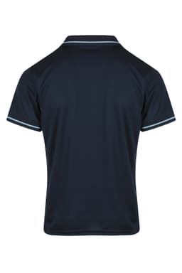 A navy blue men's polo shirt featuring a collared neckline and contrasting trim, with a logo on the back.