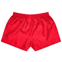 Red rugby kids shorts with an elastic waistband, featuring a logo on the side.