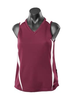 A maroon singlet featuring white side accents, displayed on a mannequin. Includes a brand logo.
