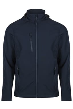 A dark navy jacket featuring a zip front, two front pockets, and an adjustable hood. It has a logo on it.