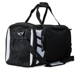 A black and white duffle bag with multiple compartments and a detachable shoulder strap, featuring a logo.