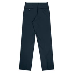 Pleated men's pants in dark navy, featuring back pockets and a straight leg design. Logo present.
