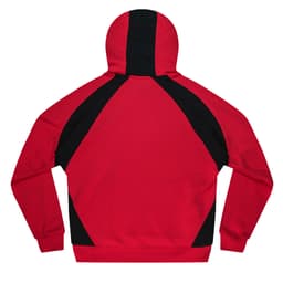 A red hoodie with black accents on the shoulders and hood, featuring a logo.