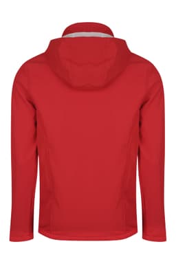 A red jacket with a hood, featuring a smooth finish and no visible branding on the back.