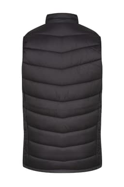 A black puffer vest with a high collar and quilted design, featuring a branding logo.
