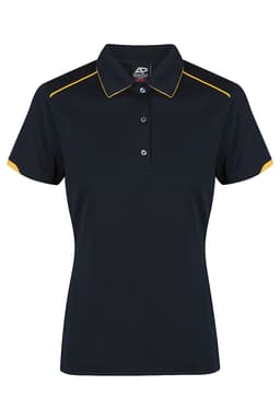 A women's polo shirt in navy with yellow accents, featuring a collar and button placket. It has a logo on the chest.