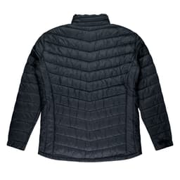 A black jacket with a chevron pattern, featuring a high collar and long sleeves. It has a logo on the back.