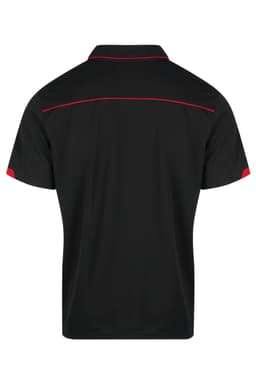 A black polo shirt with red accents and a logo on the back.