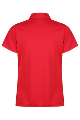 A vibrant red polo shirt featuring a classic collar and short sleeves, with a logo on the back.