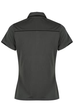 A dark green polo shirt with a collared neck and short sleeves, featuring a logo on the back.