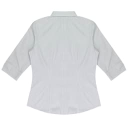 A light green and white striped button-up shirt with 3/4 sleeves and a collar, featuring a logo.