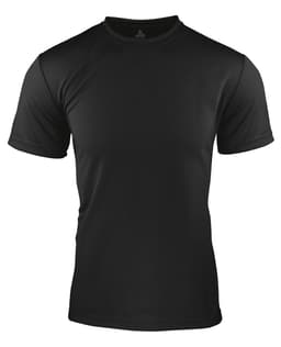A black men's t-shirt with short sleeves and a smooth fabric texture, featuring a logo.