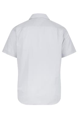 A short-sleeve button-up shirt in light grey, featuring a classic collar and a branded logo.