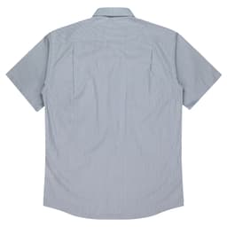 A short-sleeved button-up shirt in a light blue and white striped pattern, featuring a logo on the back.