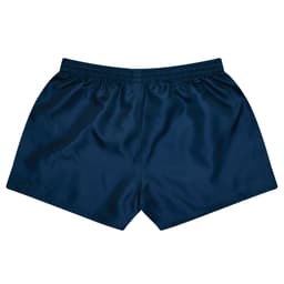 Navy blue sports shorts with an elastic waistband and a smooth finish. Features a logo on the design.