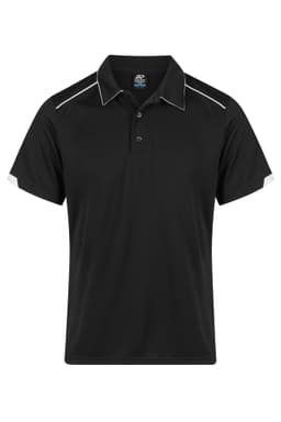 A black polo shirt featuring white accents, with a collar and short sleeves. Includes a branding logo.