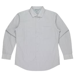A long sleeve button-up shirt in a light grey and white striped pattern with a chest pocket and a logo.