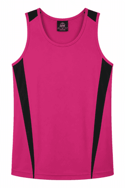 A vibrant pink singlet with black side panels and a logo on the neckline. Perfect for active wear.