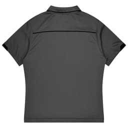 A grey sports polo shirt with black accents, featuring a collar and a logo on the back.